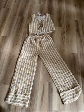 Line & Dot Striped Cream and Tan Wide-Leg Two-Piece Set